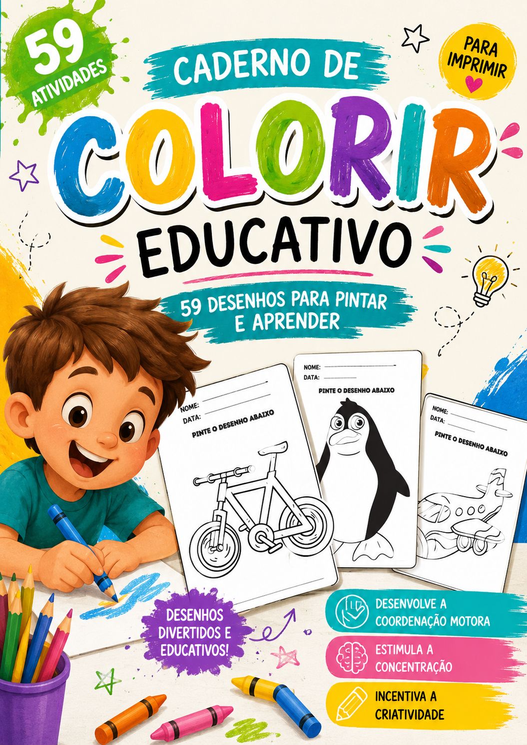 Caderno de Colorir Educativo – 59 Desenhos para Pintar e Aprender